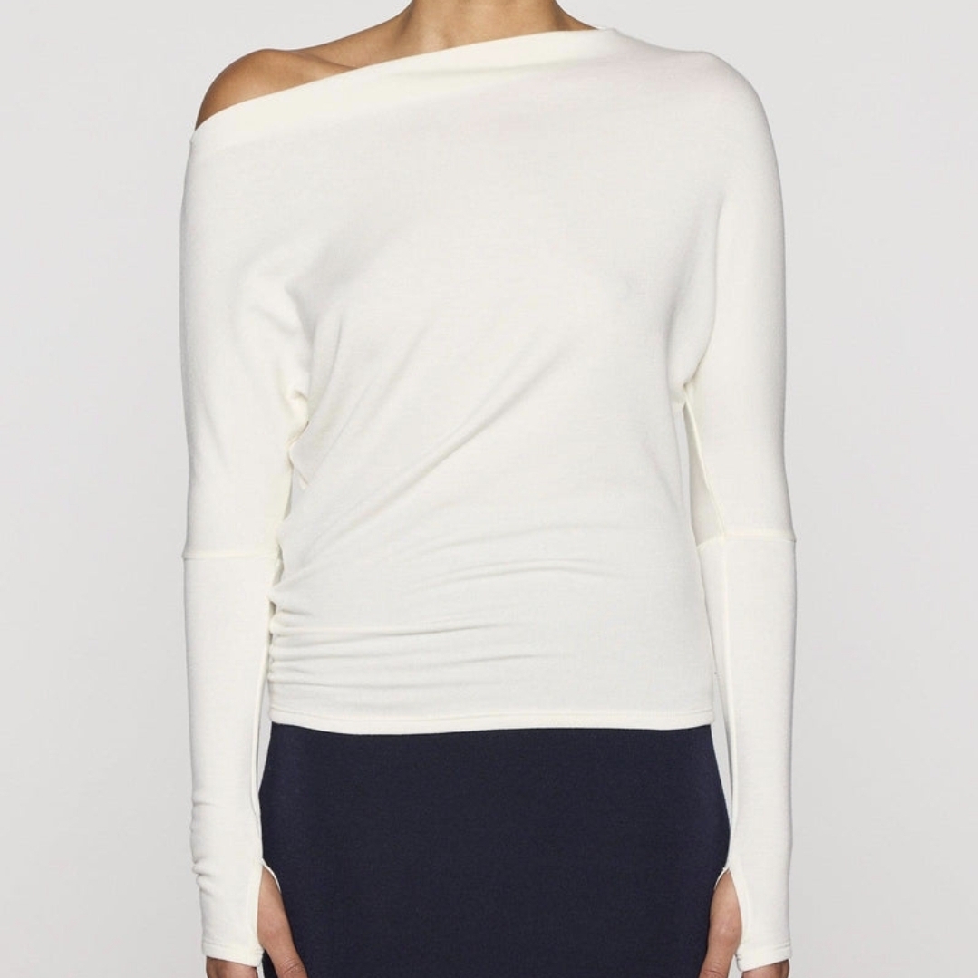 Cream One-Shoulder Long Sleeve Top